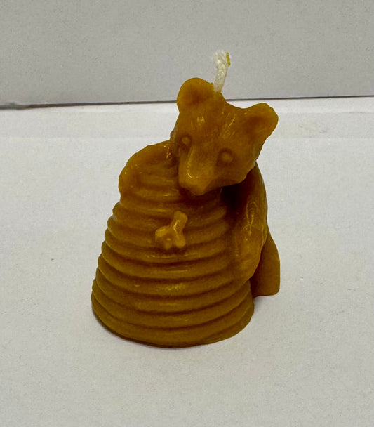 Pure beeswax candle. Small bear with bee skep.